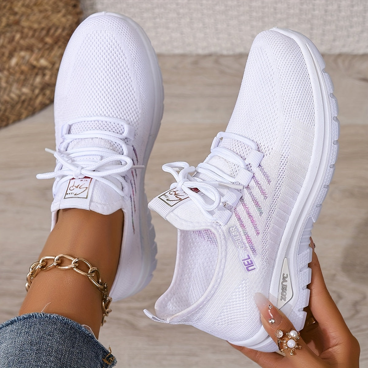 Women's White Plus Size Casual Sneakers Breathable Fabric Comfort Lace-Up