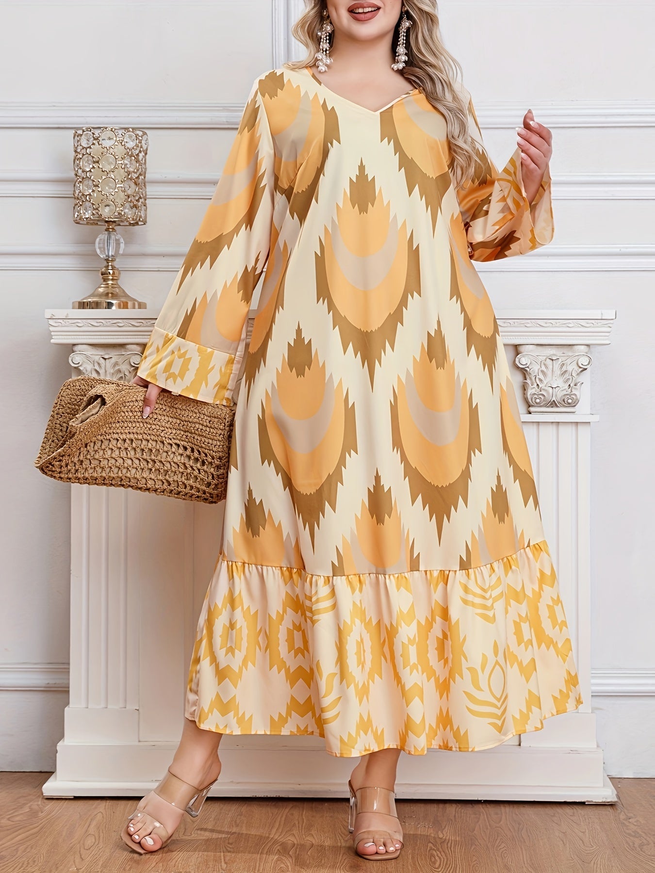 Women's Plus Size Geometric Pattern Kaftan Dress V Neck Long Sleeve