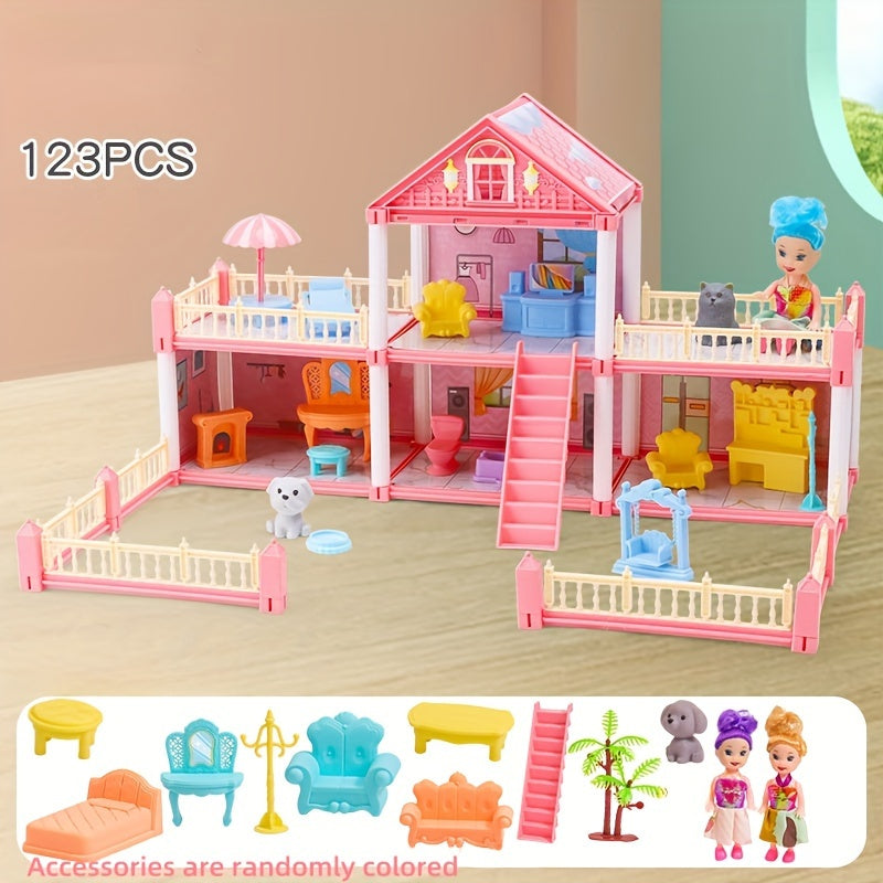 3-6 yoshdagi bolalar uchun Princess Castle Dollhouse o'yin to'plami, mebellar bilan birga, tasavvur o'yinlari uchun ideal.
