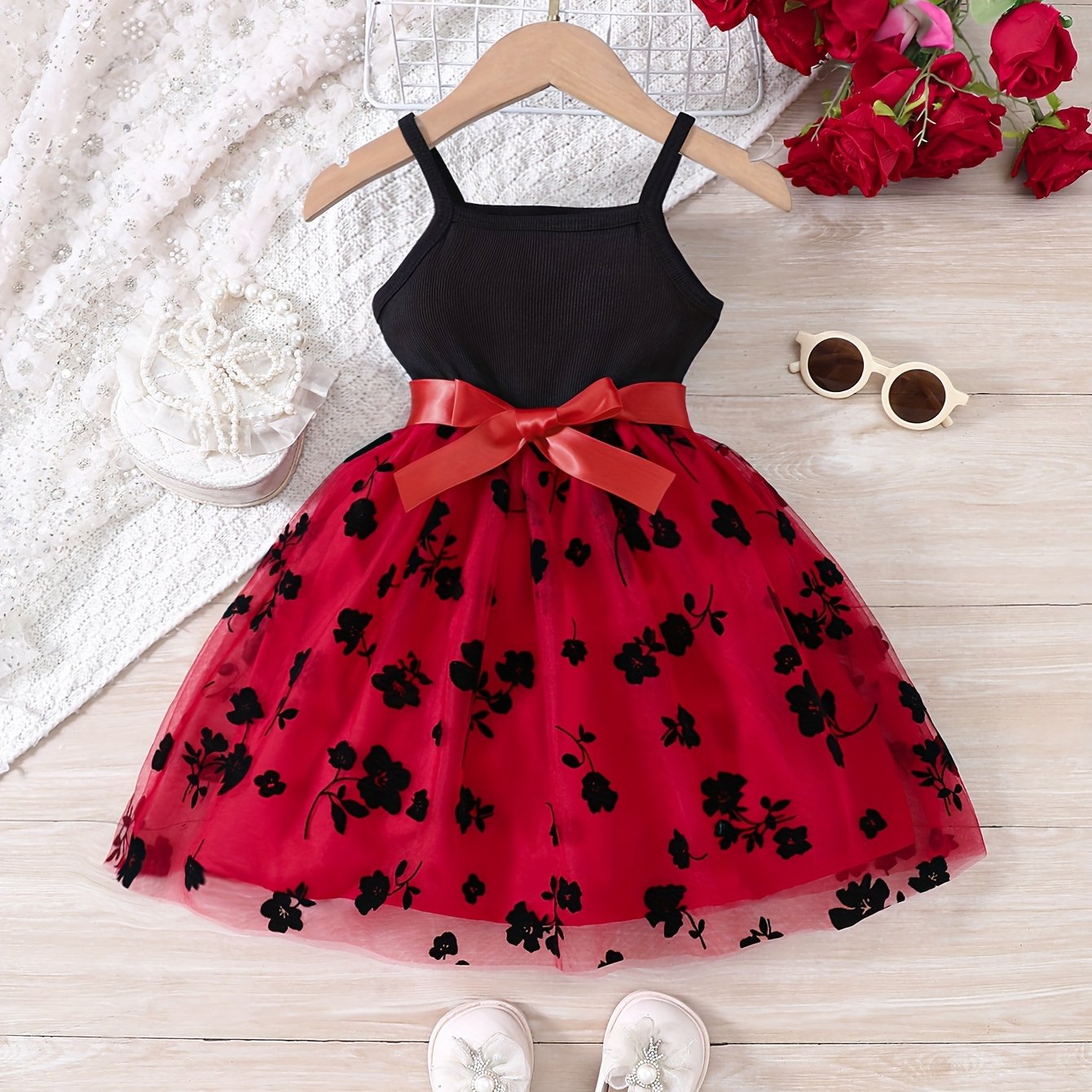 Girls Summer Splicing Flower Graphic Cami Tutu Dress for Kids
