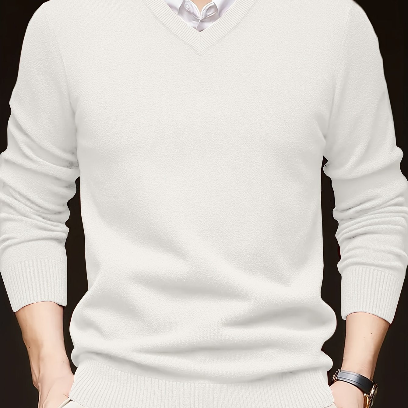 Men's Solid Color V-Neck Knit Sweater Long Sleeve Casual Pullover