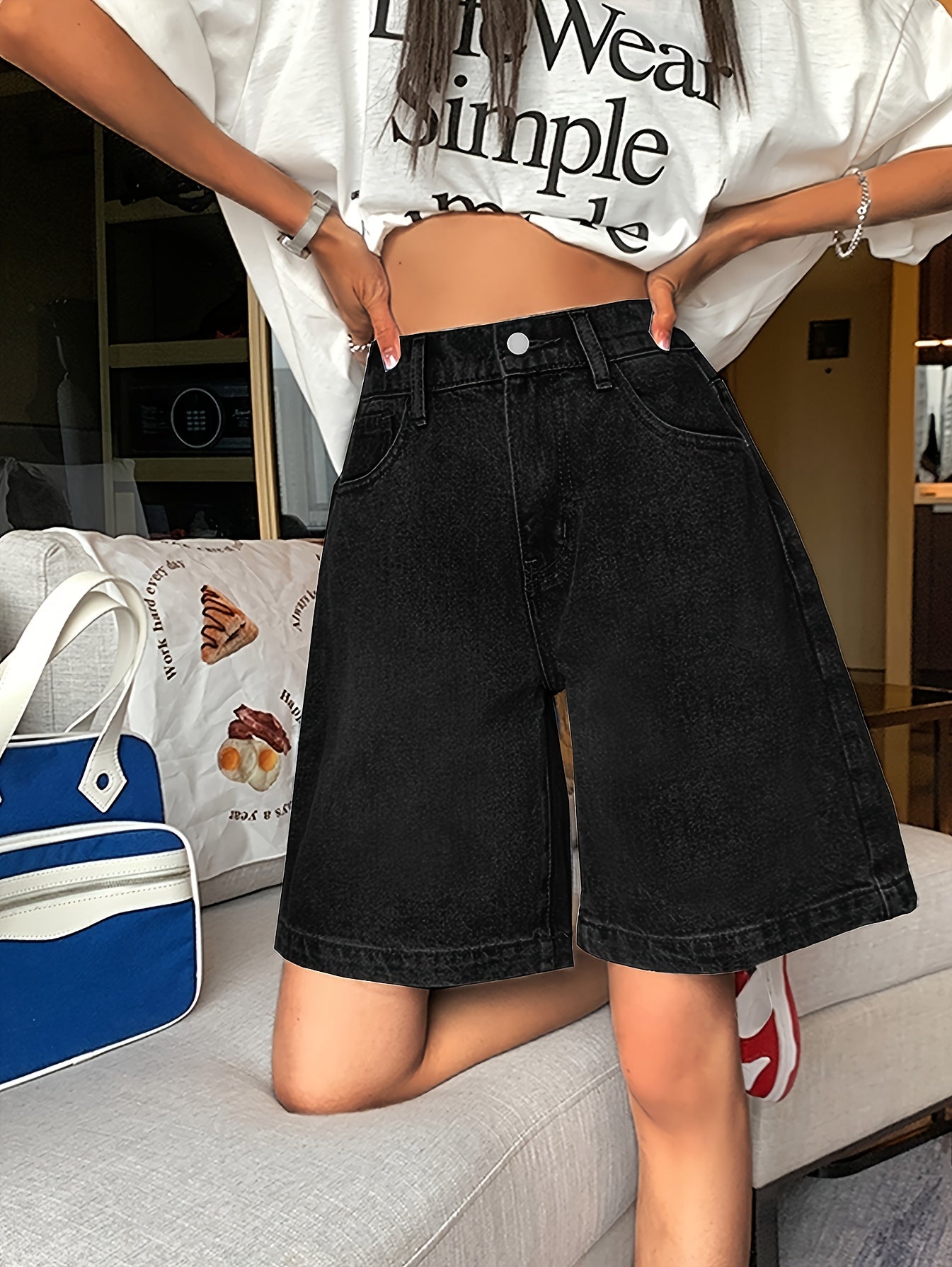 Women's High-Waisted Denim Pants with Elastic Waist Wide Leg Bermuda Summer Style