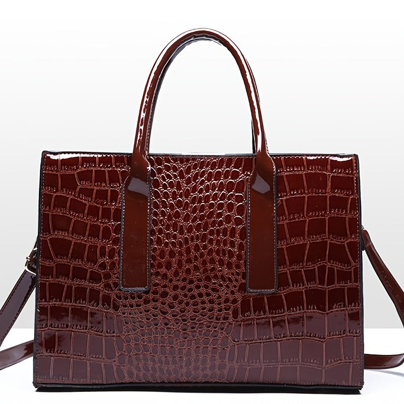 Crocodile Pattern Leather Handbag for Travel and Gifting Black Spacious Interior