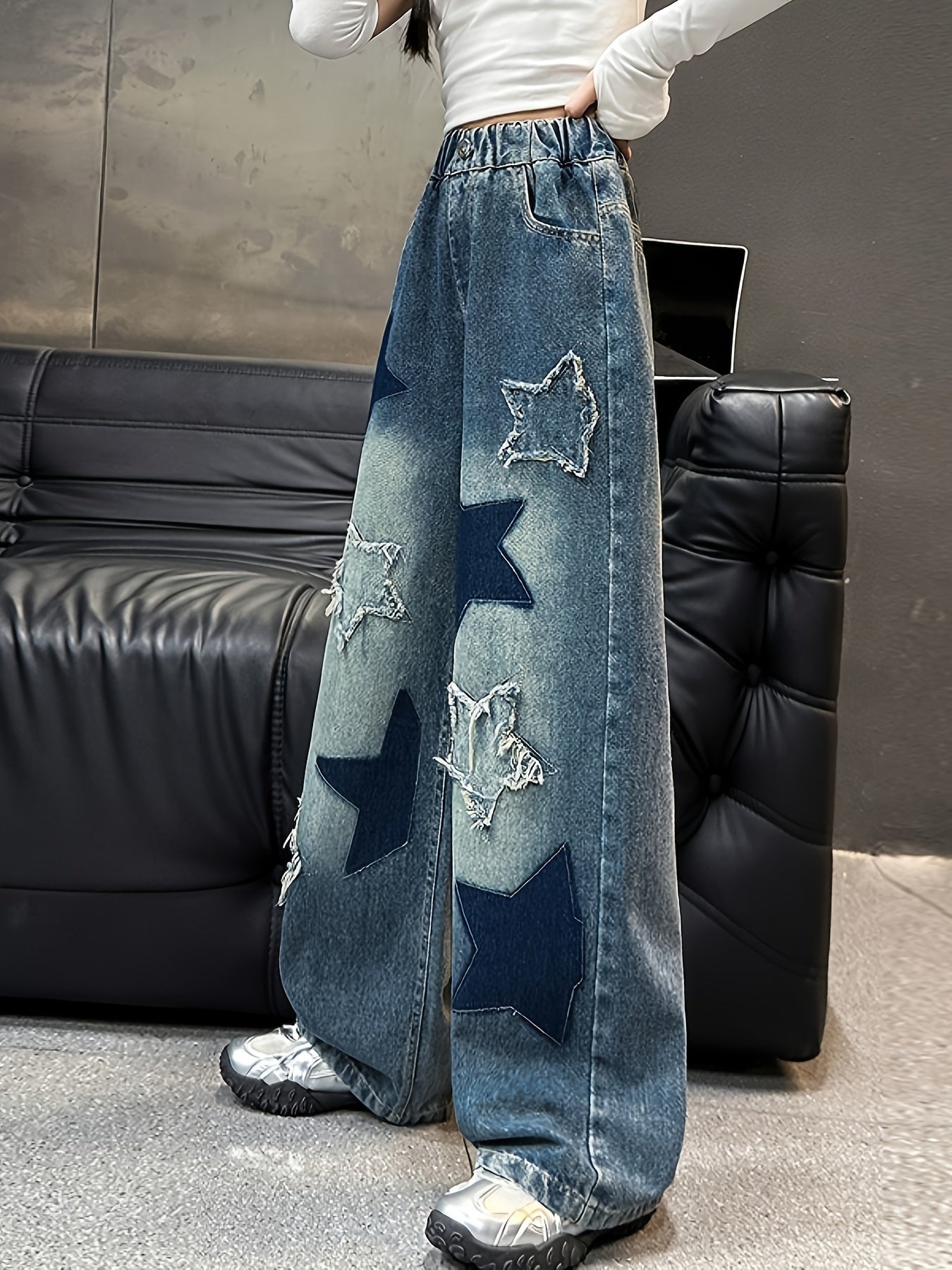 Kids Denim Jeans with Geometric Star Pattern, Loose Fit, Cotton Blend, All-Season