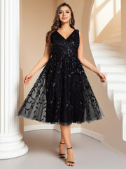 Plus Size Women's V-Neck Sequin Sleeveless Evening Dress for Parties