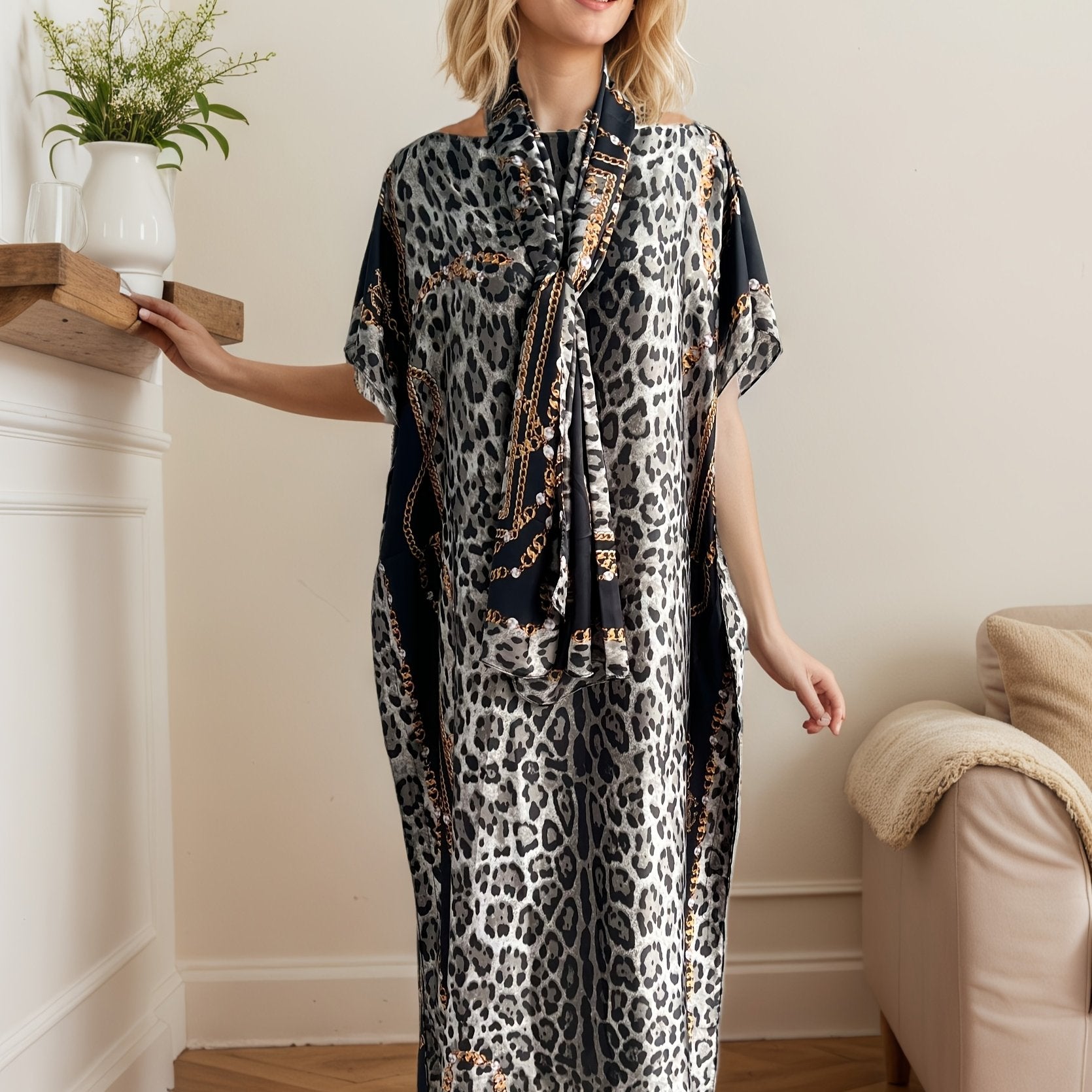 Plus o'lcham ayollar uchun kulrang leopard bosma batwing qo'lqopli maxi kiyinadigan kundalik va partiyali kiyim