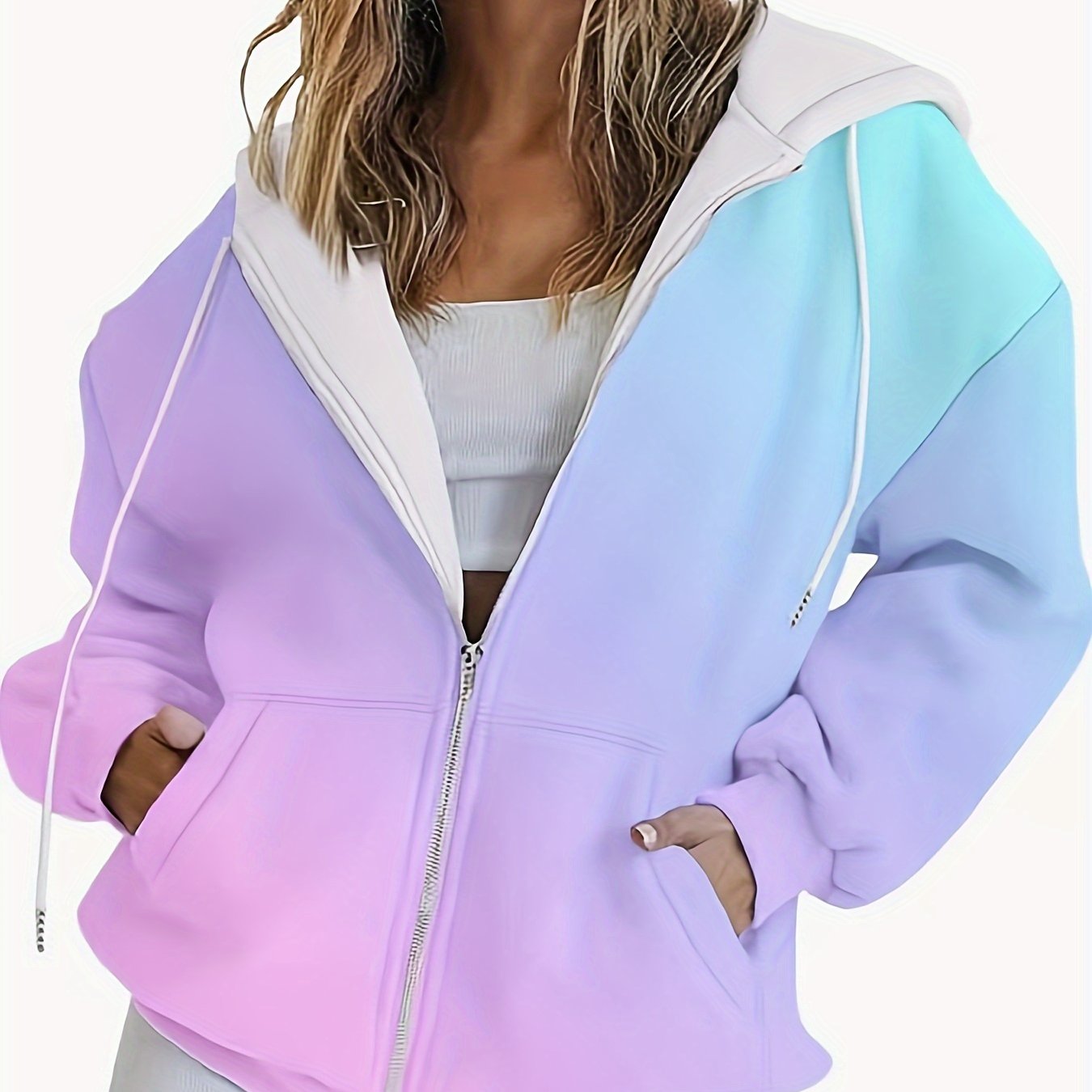 Women's Plus Size Gradient Ombre Hoodie with Zip Long Sleeve Knit
