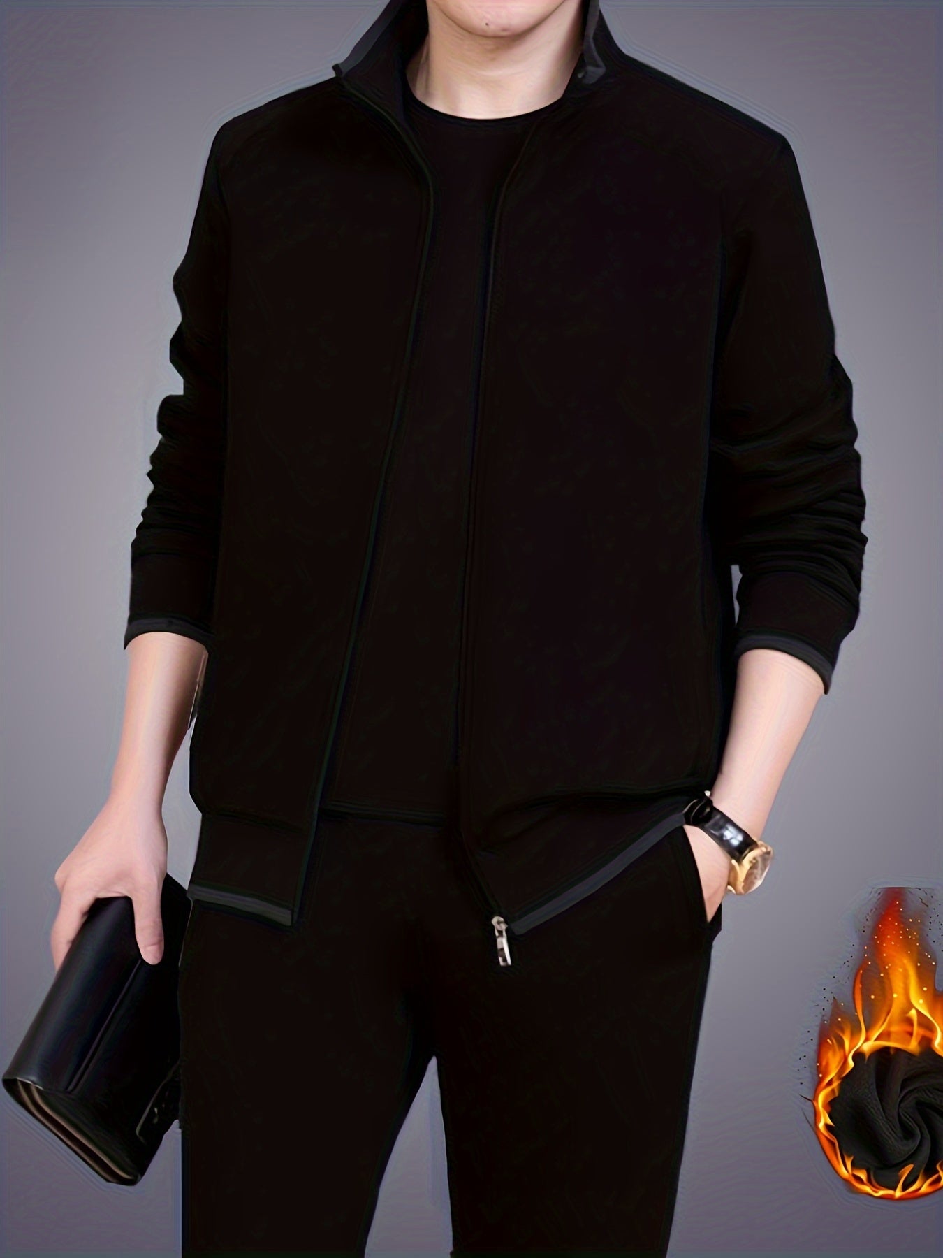 Men's Knit Tracksuit Set Solid Color Polyester Blend Autumn Winter Stretch Fit Zip Closure