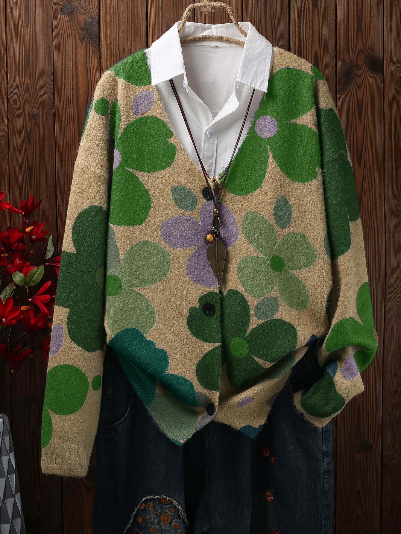 Plus Size Floral Print Button Front Cardigan V Neck Long Sleeve Spring Fall Women's Clothing