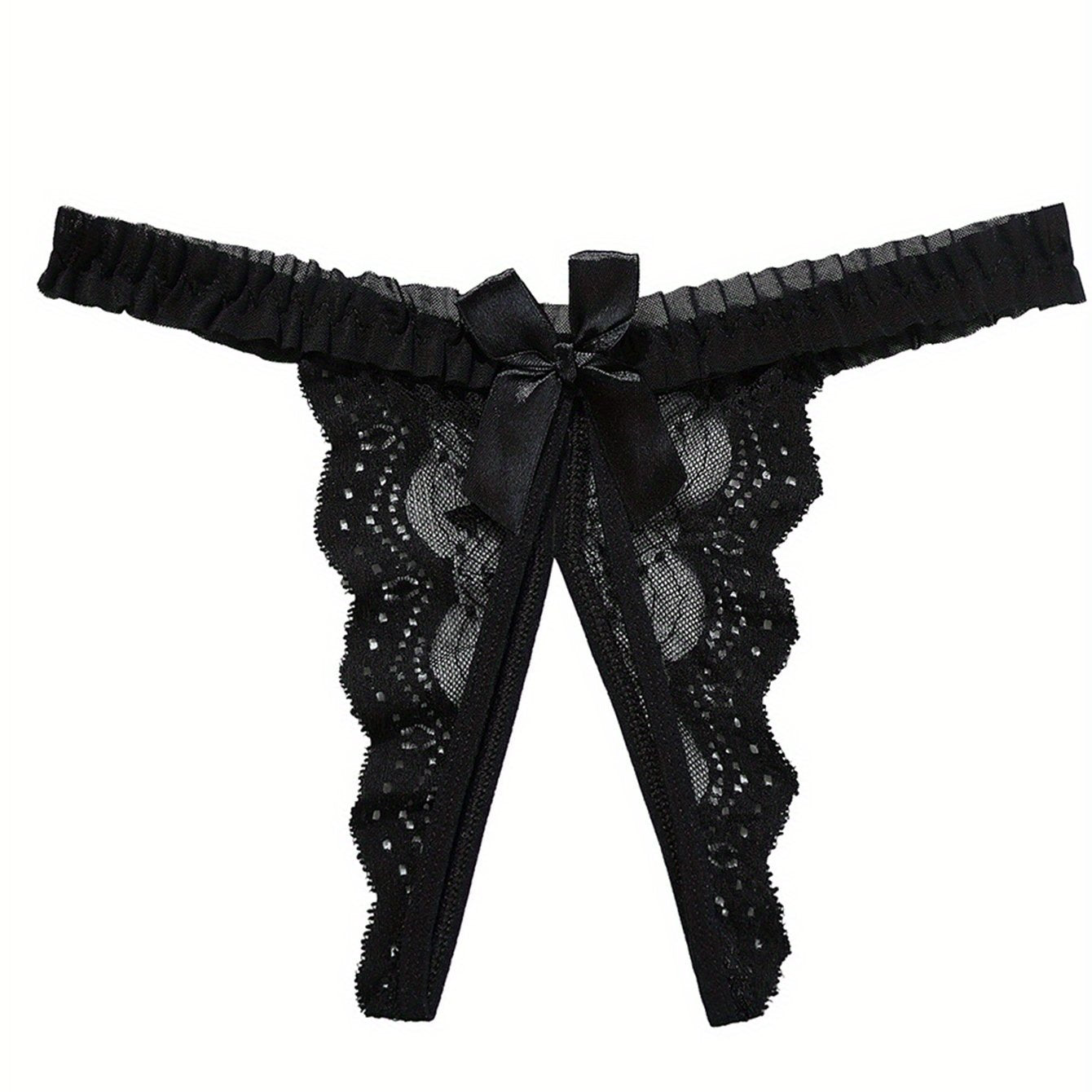 Women's Crotchless Lace Thongs with Bow Decor and Jacquard Fabric