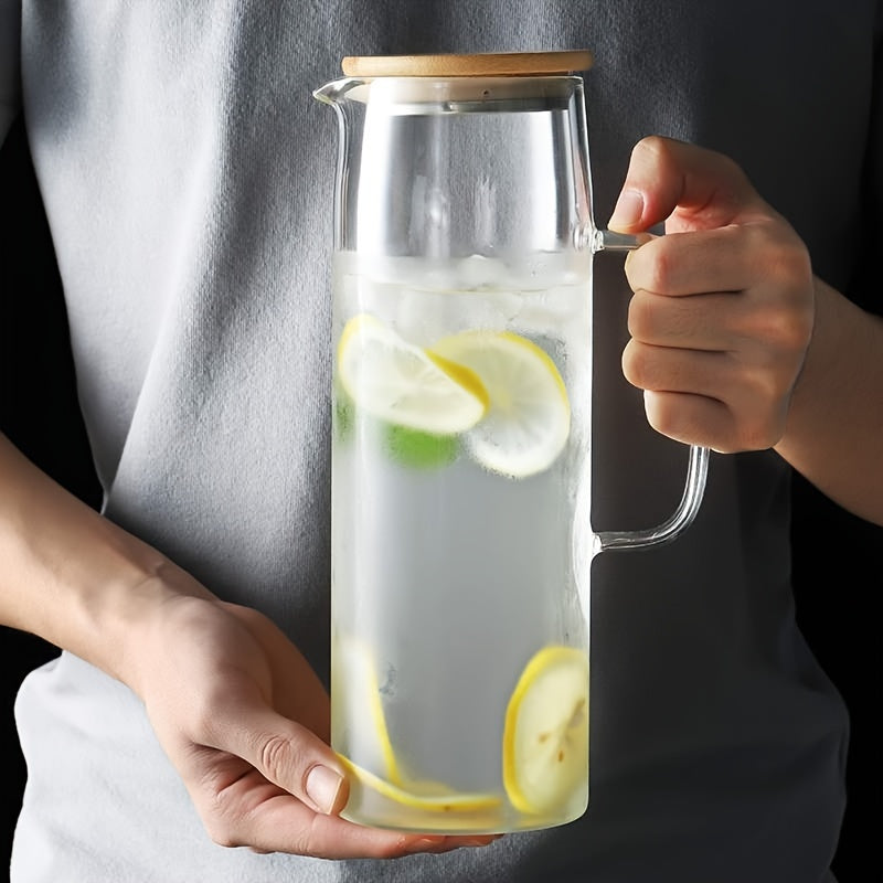 Leak-Proof Glass Pitcher with Bamboo Lid for Iced Tea Juice Water 64oz