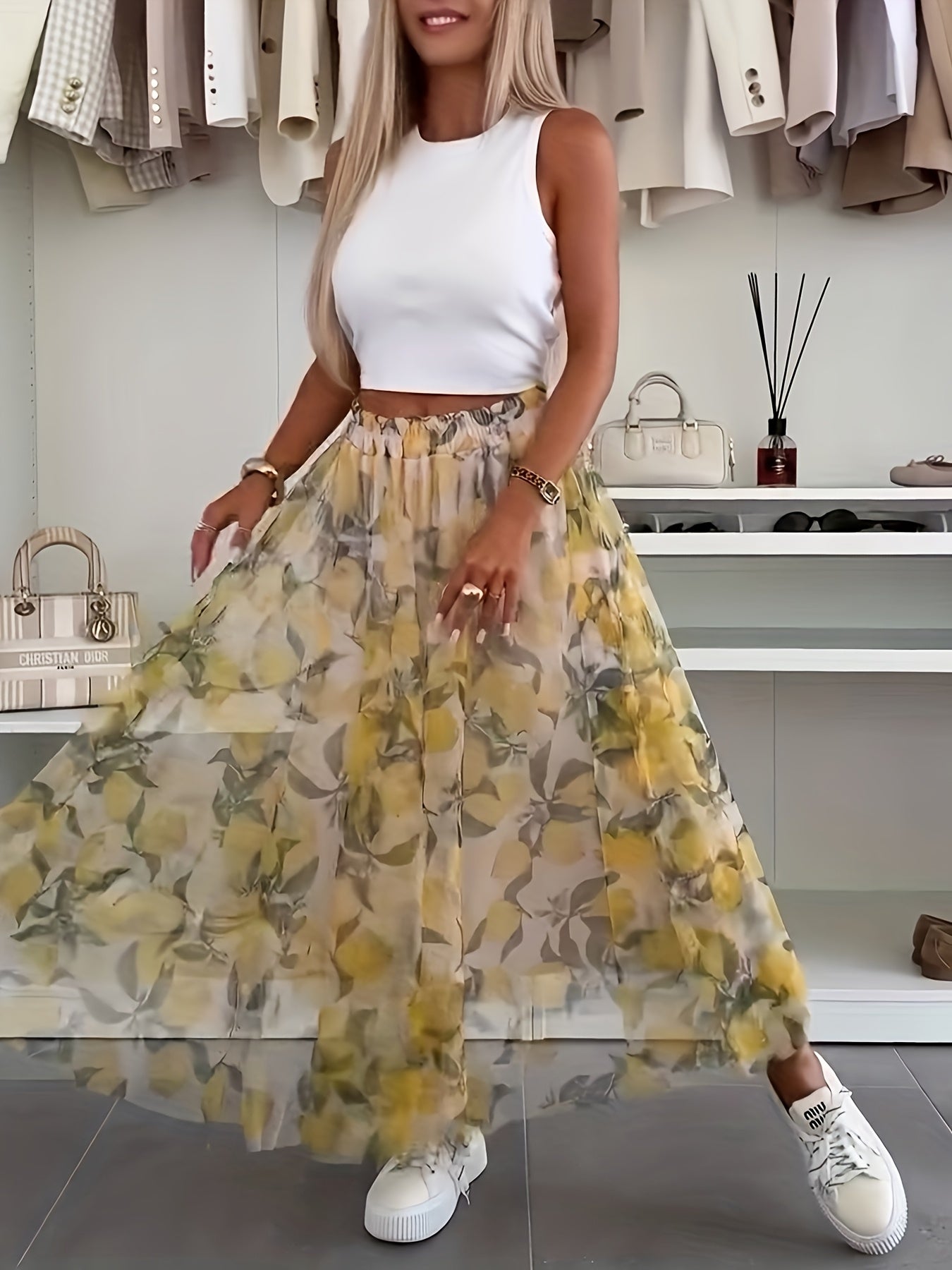 Falda midi de chiffon para mujer talla grande con estampado floral en amarillo y blanco, casual o semi-formal