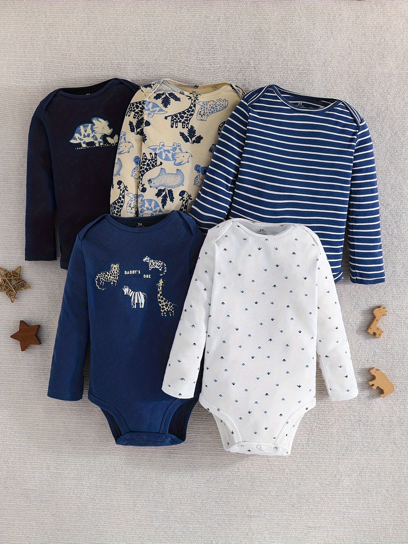 Baby Boys Long Sleeve Cotton Romper Set 5-Pack Cartoon Animal Pattern Spring Autumn Outdoor