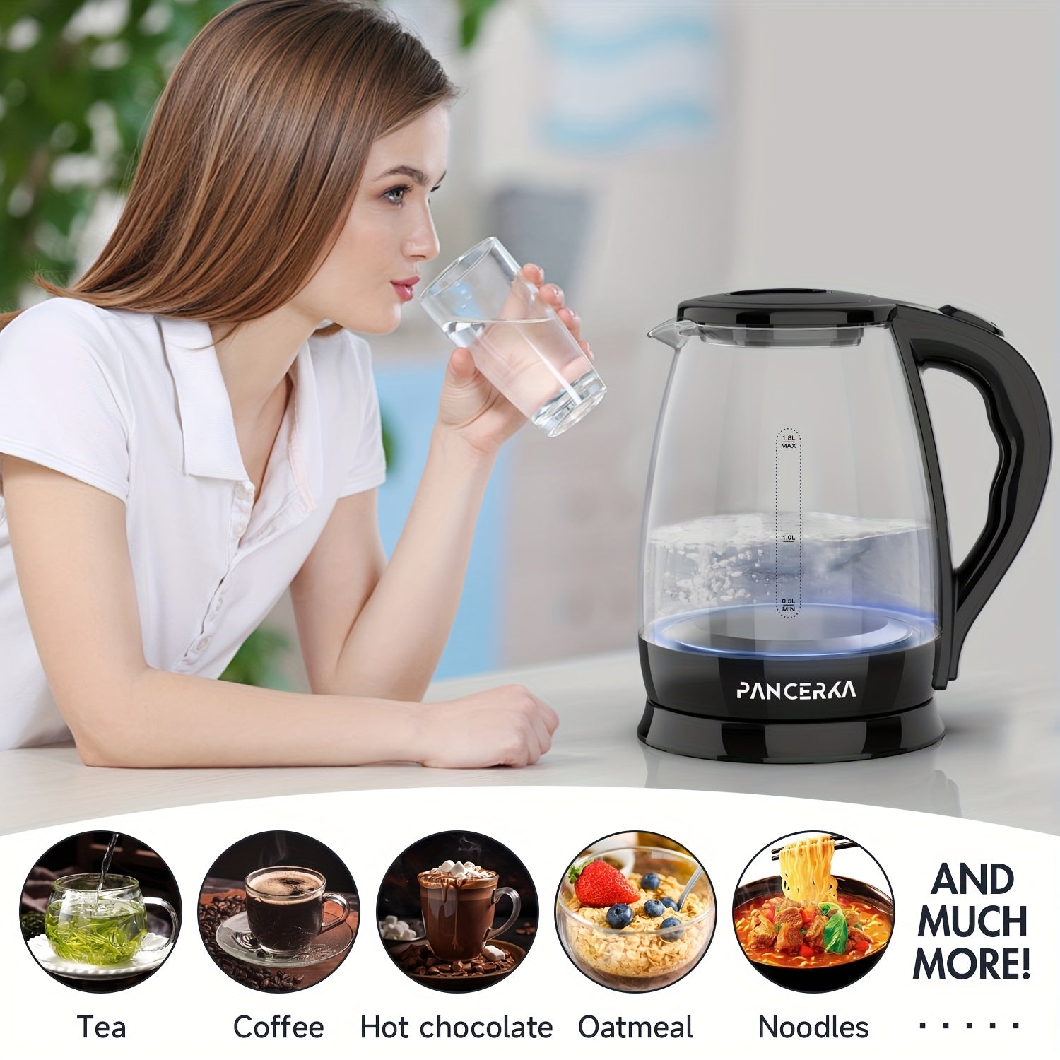 Electric Kettle 1.8L Borosilicate Glass 1500W Auto Shutoff Boil-Dry Protection