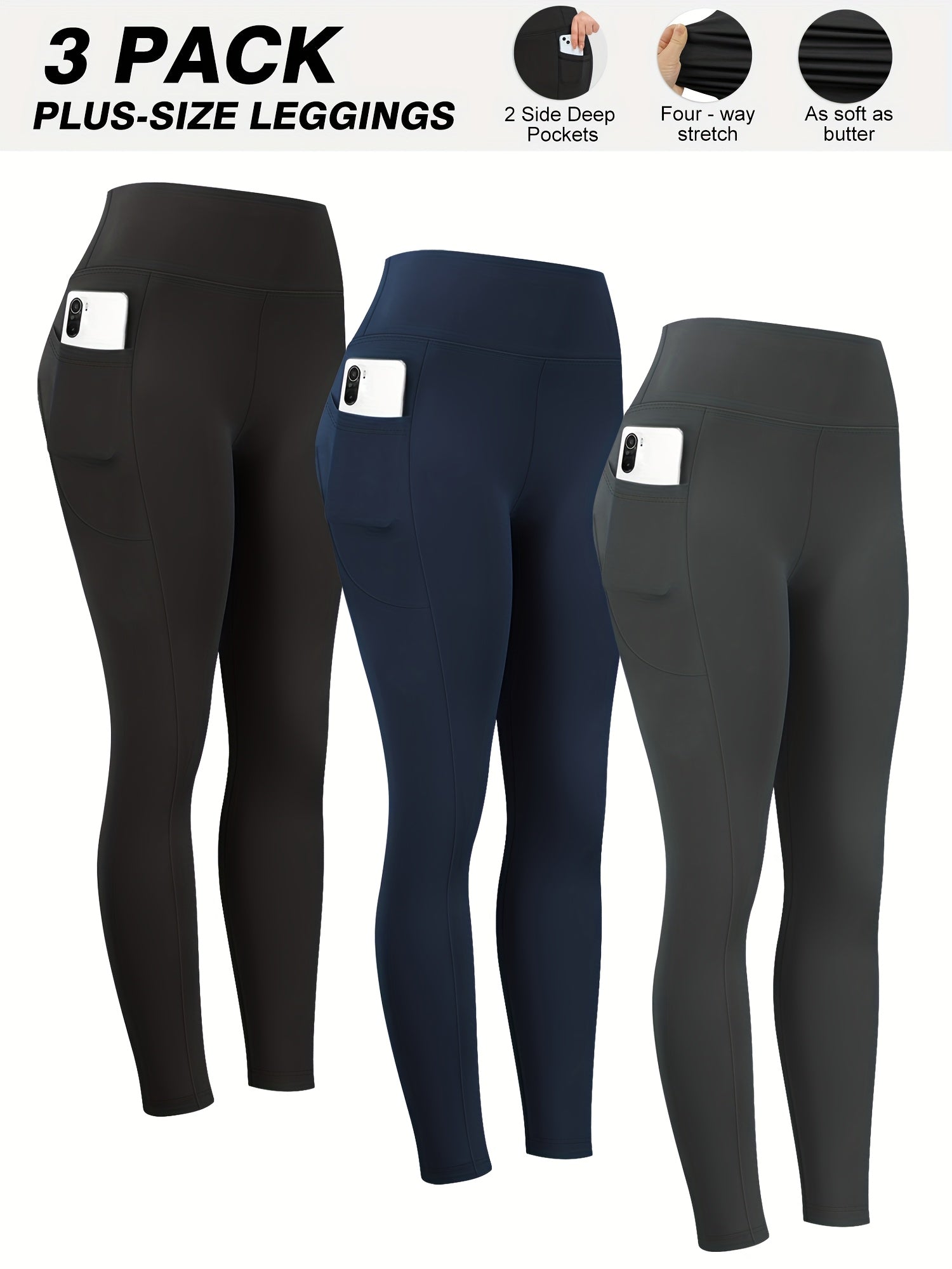 Women Plus Size High Waist Tummy Control Yoga Leggings with Pockets Black Blue Pink