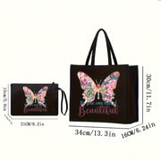 2-Piece Canvas Tote Bag and Wallet Set with Butterfly Floral Print Black