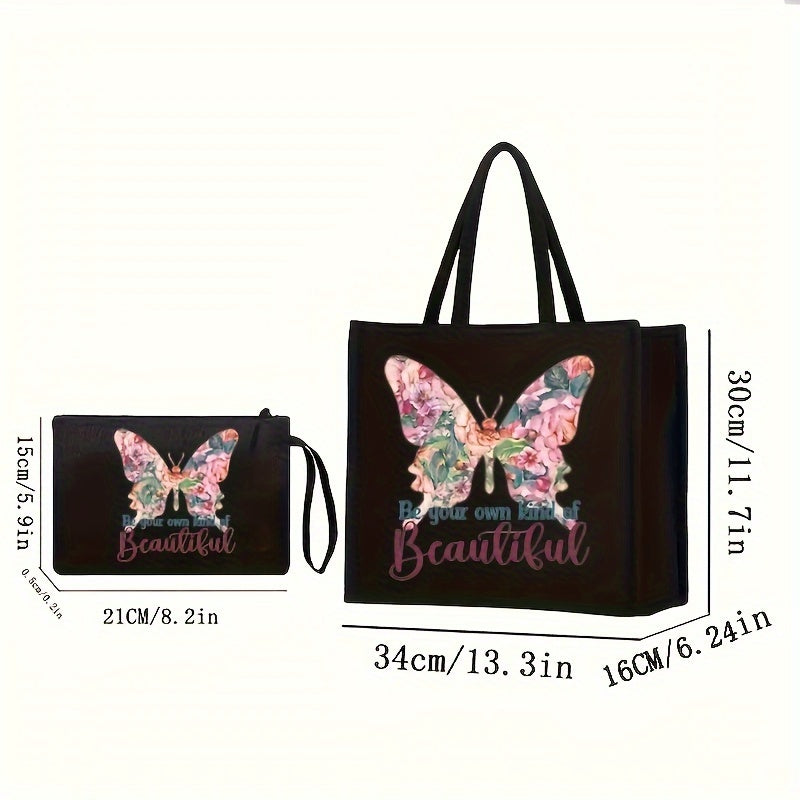 2-Piece Canvas Tote Bag and Wallet Set with Butterfly Floral Print Black