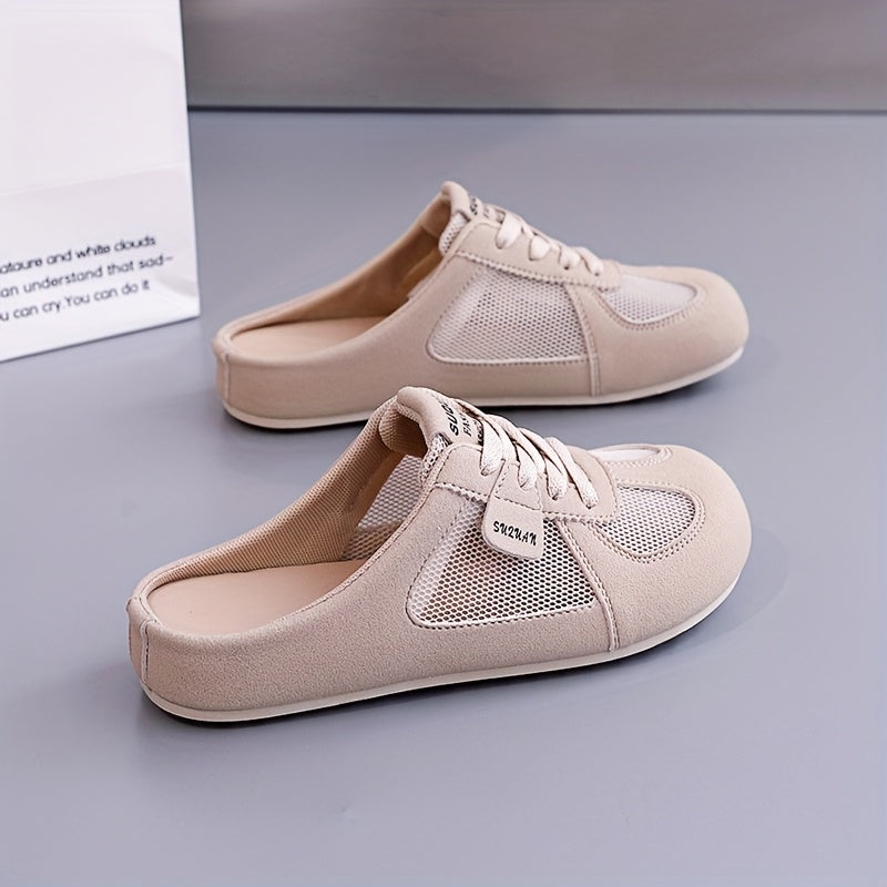 Women's Beige Slip-On Sneakers Breathable Mesh Summer Casual Flats