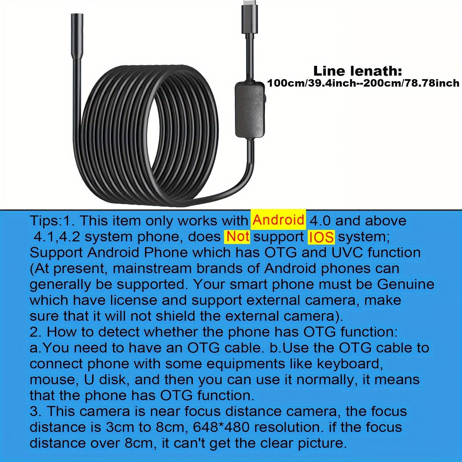 Adjustable 1m/2m Soft Wire Endoscope Camera for Android Type-C USB Car Inspection 640x480P