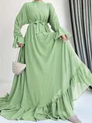 Solid Color Dress with Belted Ruffle Hem Long Sleeve Mock Neck for Spring and Fall