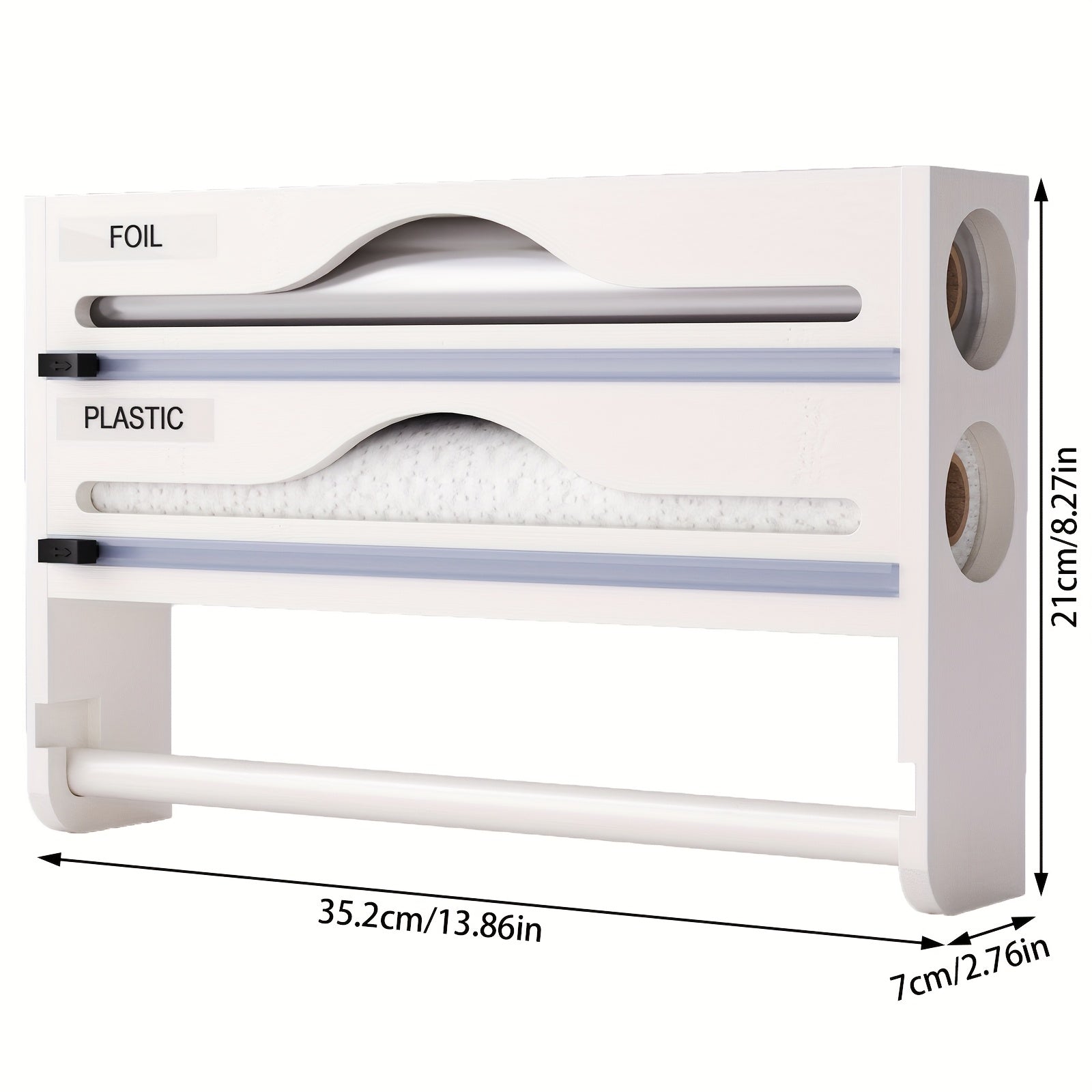 Bamboo 4-in-1 Kitchen Organizer for Foil Plastic Wrap Paper Towels with Cutter