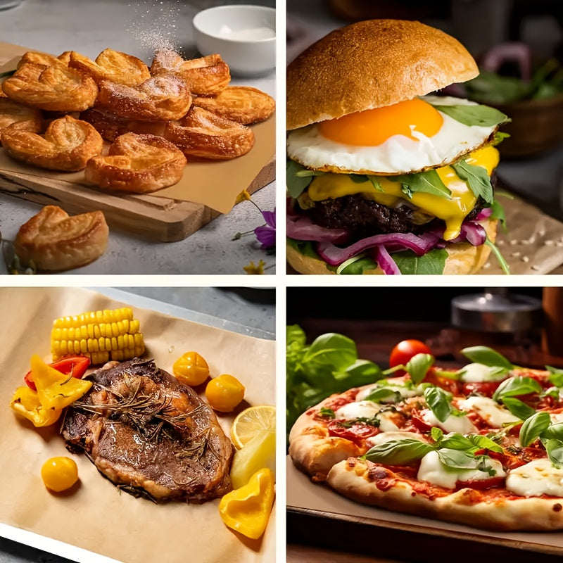 100 листов небелой пергаментной бумаги, предварительно нарезанных для выпечки, приготовления пищи, гриля, жарки и приготовления на пару в домашней кухне.