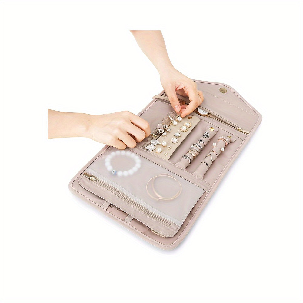 Polyester Jewelry Organizer Bag with Necklace Clips Earring Grid Ring Rolls and Zipper Pouches