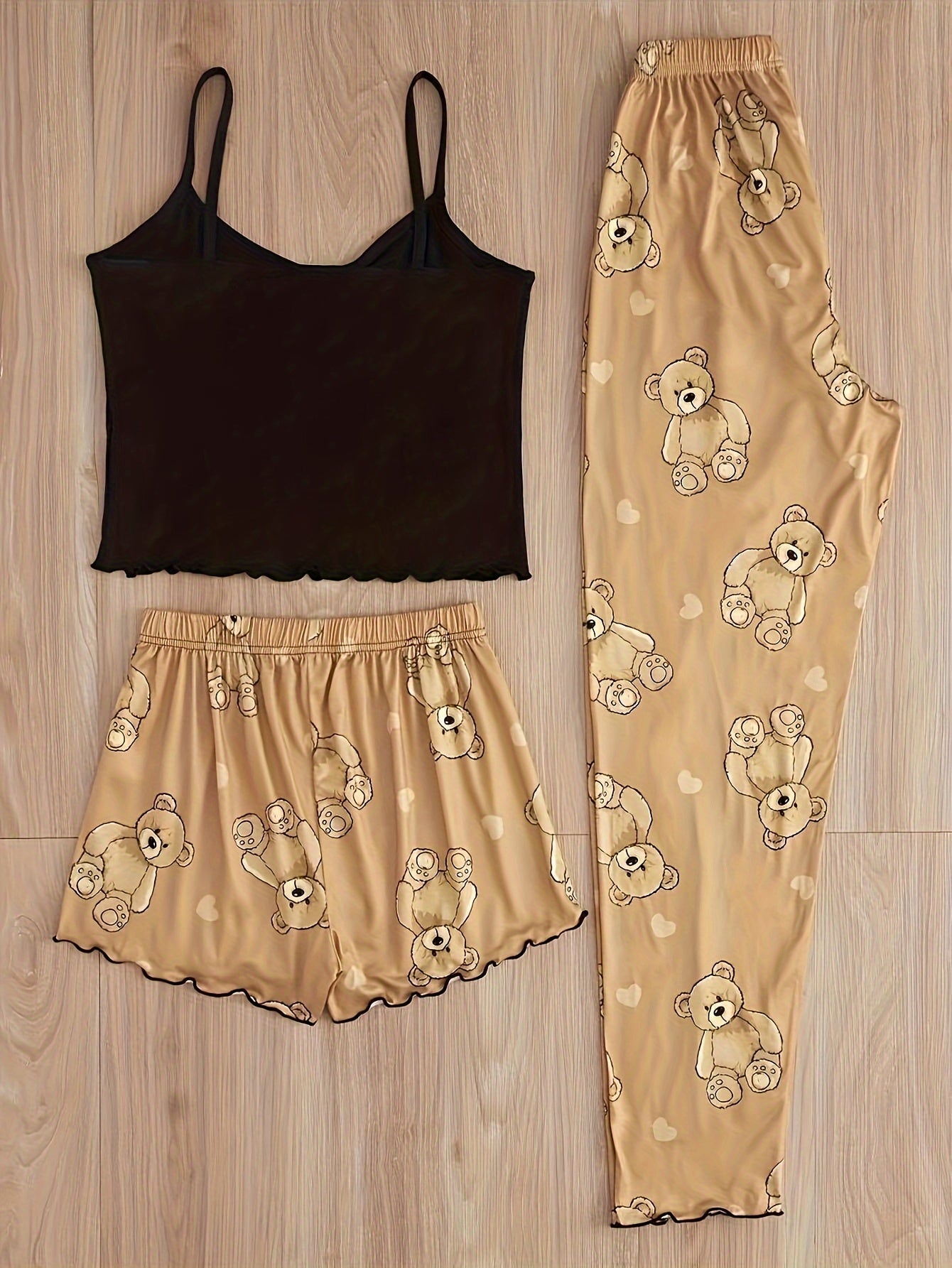 Women's Bear Print Pajama Set with Lettuce Trim Crop Cami Top Shorts and Pants