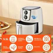 5.5L katta hajmli havo qovurgich Evropacha standart rozetkali va 1400W quvvat bilan tovuq, fransuz kartoshkasi, shirin kartoshka va boshqalarni qovurish uchun. Rostdan po'latdan yasalgan savat va PP material.