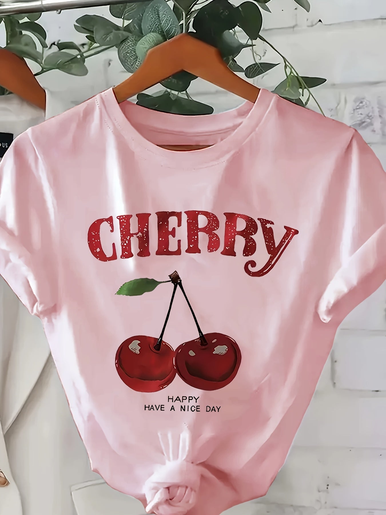 Plus Size Women's Cotton Short Sleeve T-Shirt with Cherry Print and Bold Red Lettering