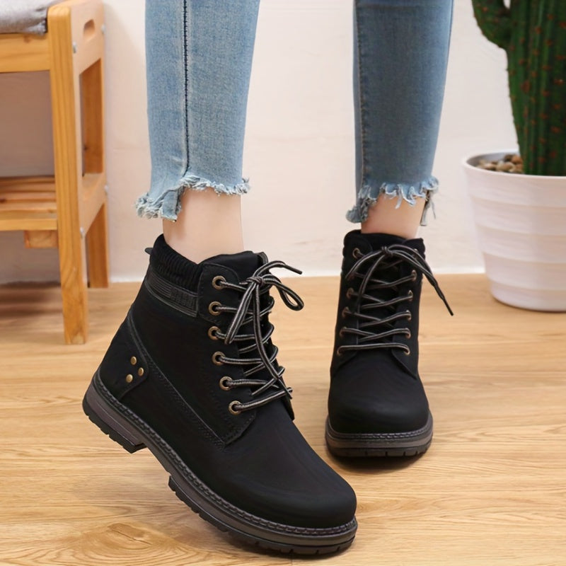 Women's High-Top Lace-Up Ankle Boots Black PU Thick Rubber Sole Casual All-Season