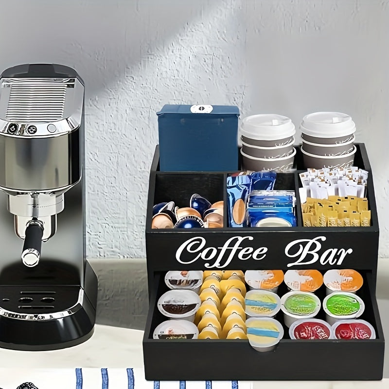 Organizador de barra de café de madera con cajón para tazas, cápsulas y accesorios, almacenamiento de cocina