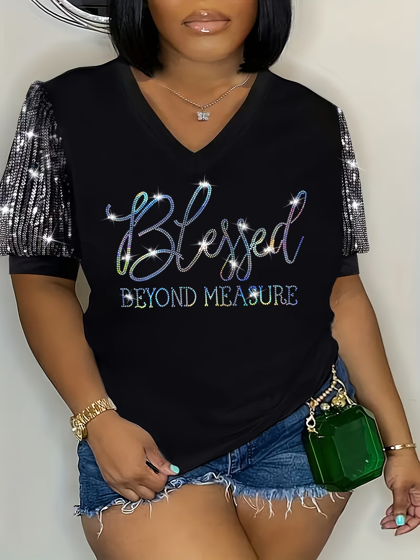 Women's Plus Size V-Neck T-Shirt Short Sleeve Sequin Lettering Casual