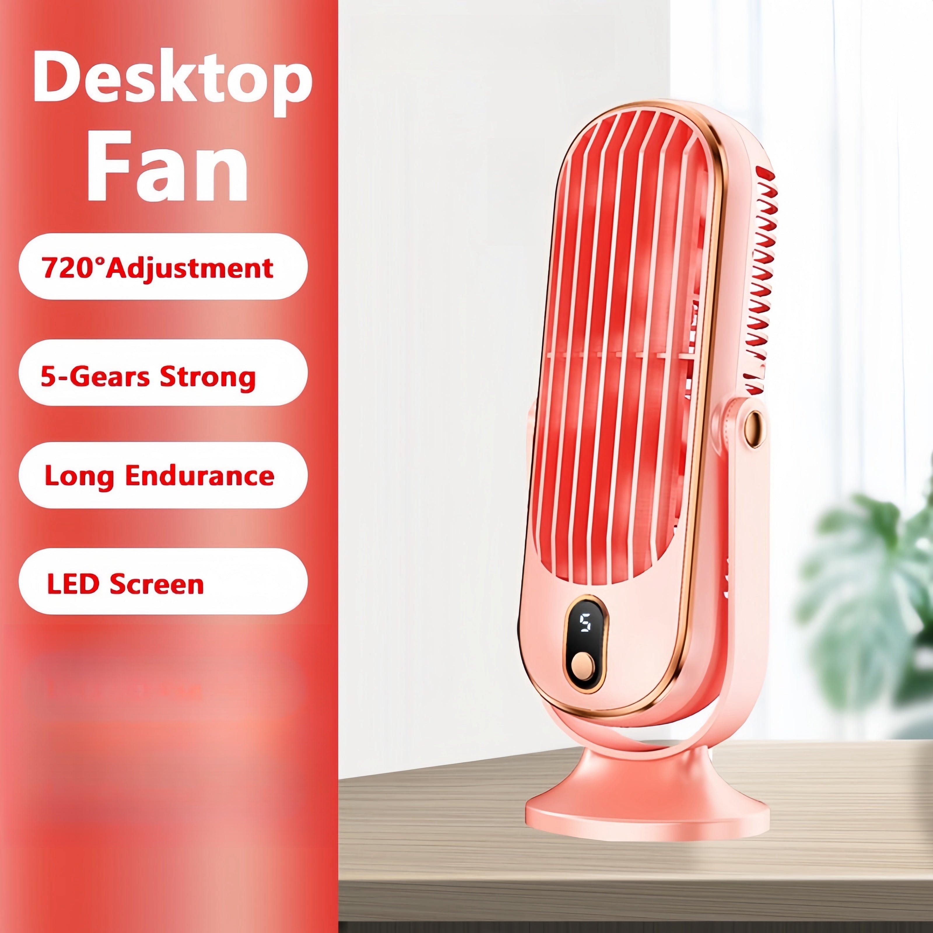 Compact USB rechargeable desk fan with dual blades 5-speed control for office bedroom use