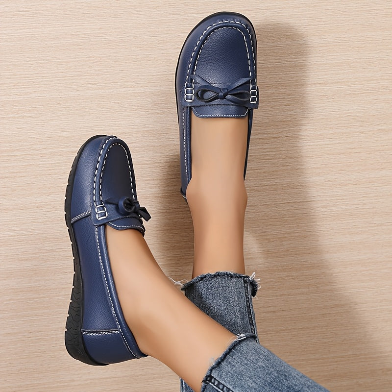 Women's White Faux Leather Loafers with Bow Slip-On Flats for Casual and Nurse Use