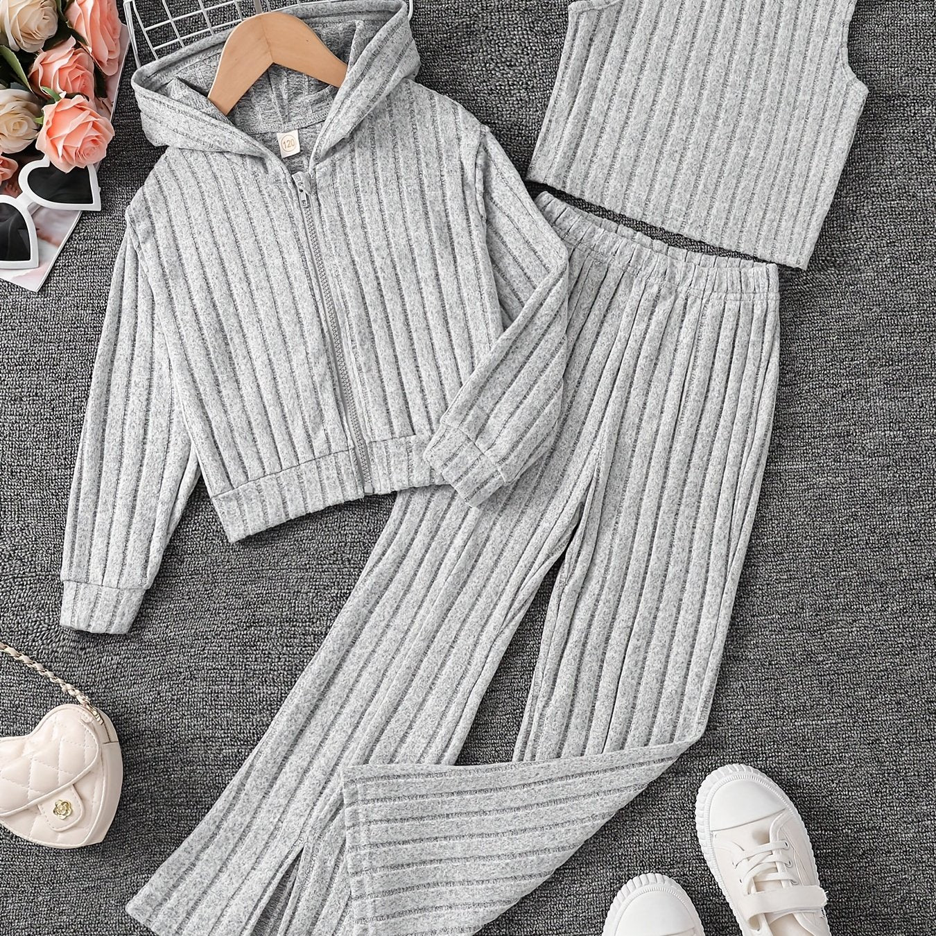 Girls' 3-Piece Outfit Set Long Sleeve Zip Hoodie Tank Top Pants Solid Rib Knit Fall Spring