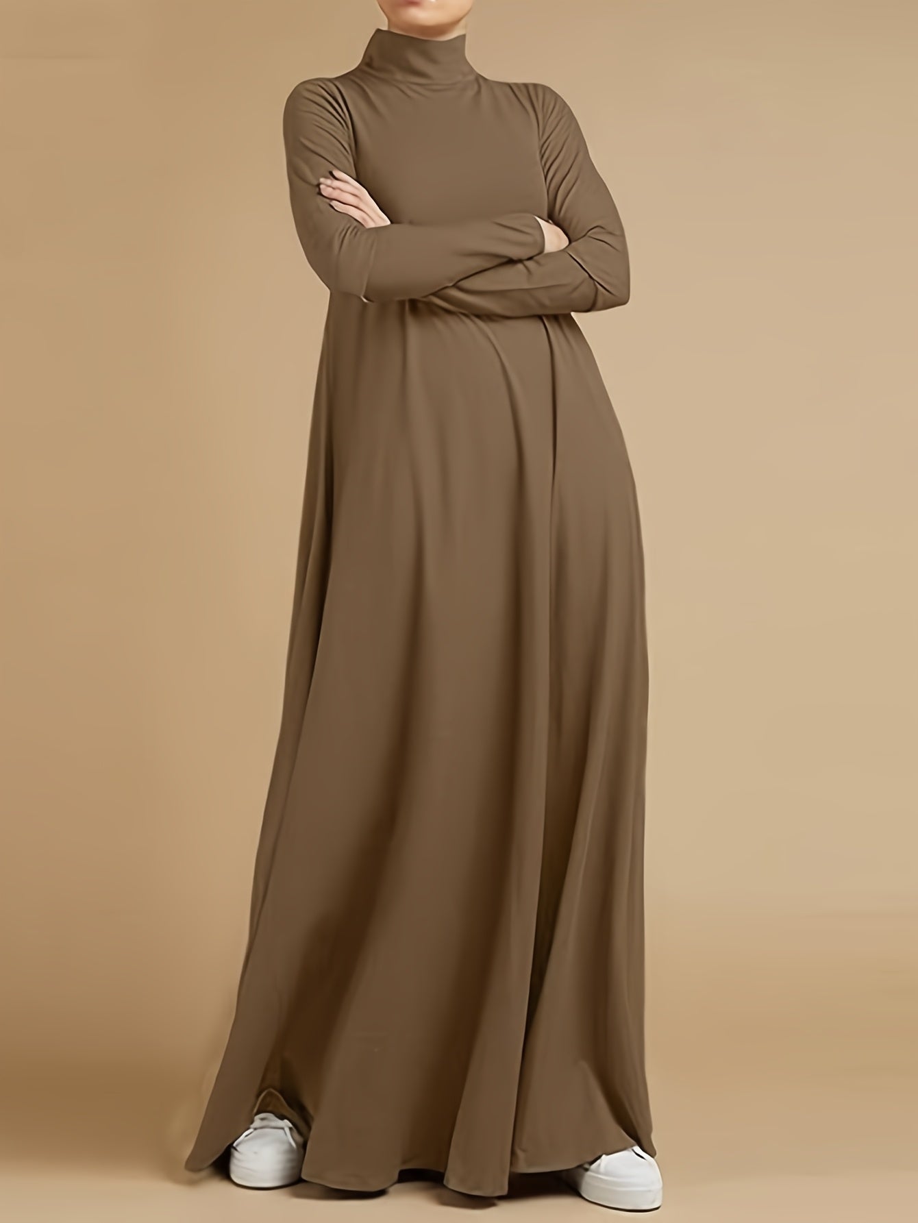 Women's Casual Long Sleeve High Neck Loose Dress Solid Color Polyester Knit