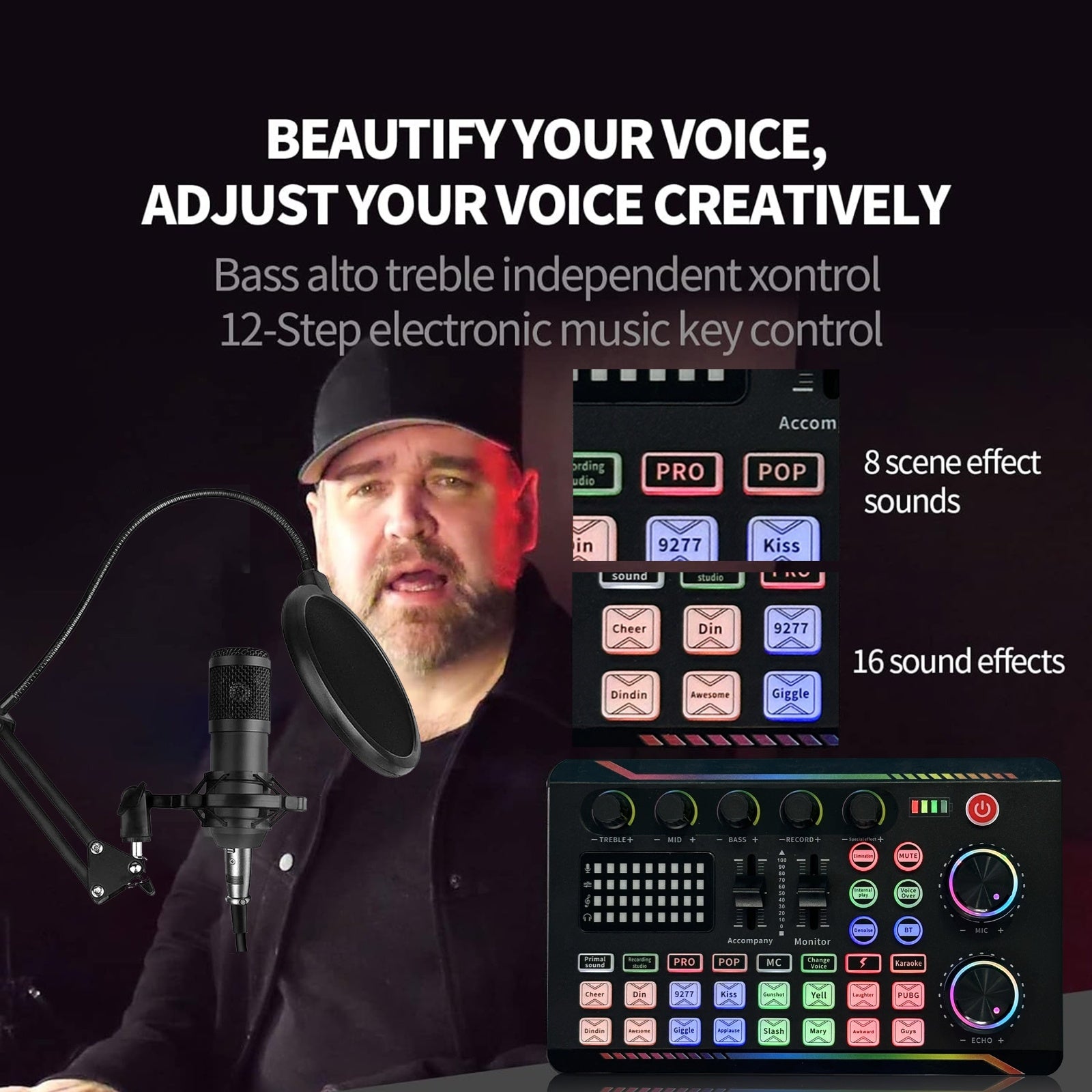 Professional Podcasting Microphone Kit with Live Sound Card and Mixer Black 3.5mm USB Charging