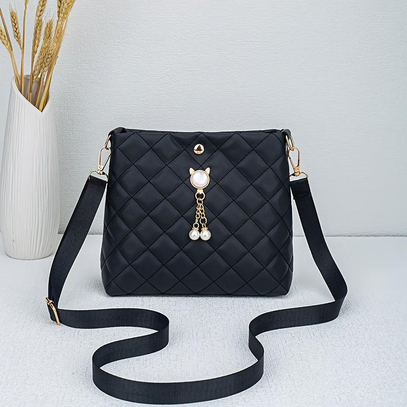 Quilted Crossbody Bag with Adjustable Strap Faux Pearl Embellishment Chevron Pattern in Khaki White Pink Black