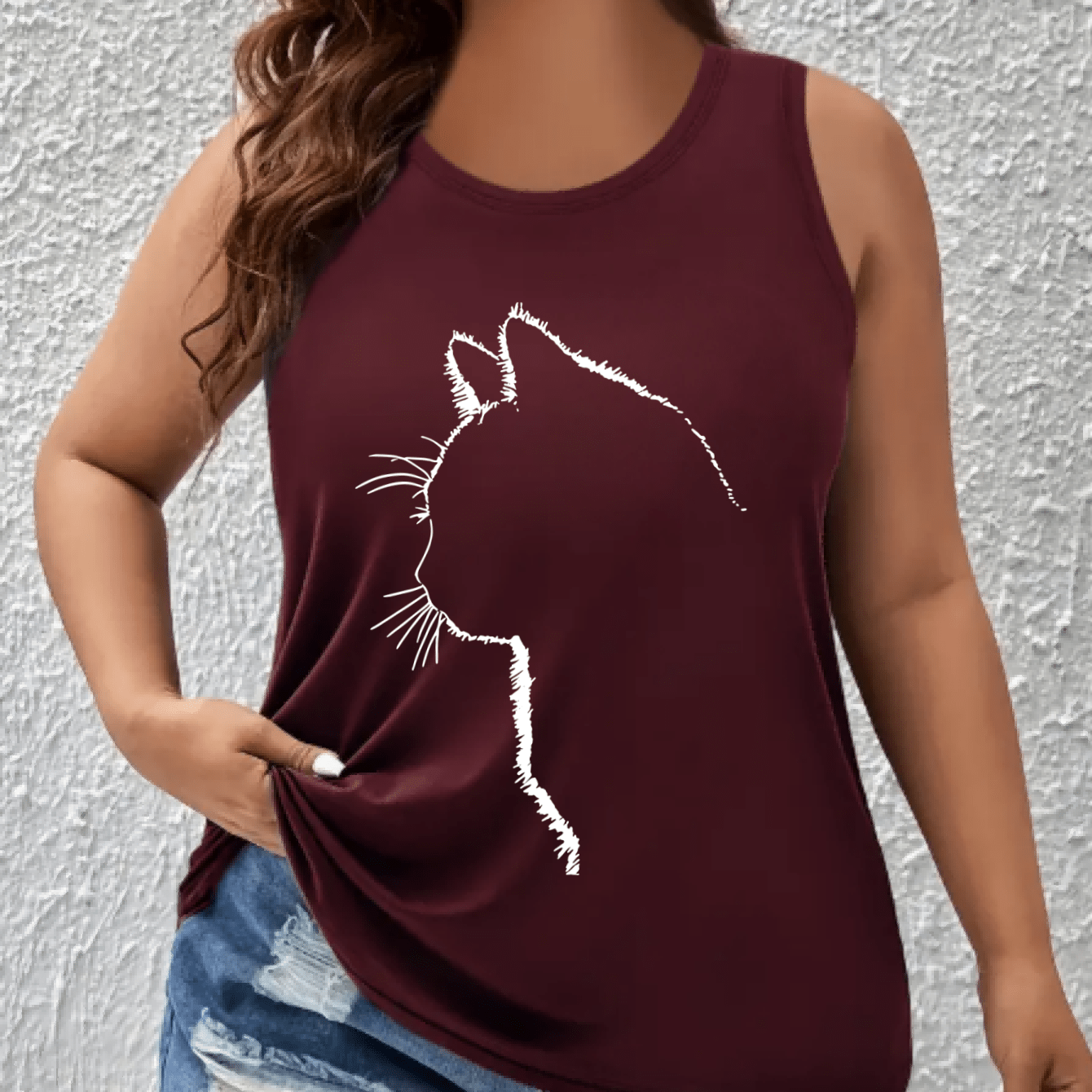 Plus Size Women's Off-Shoulder Vest Top Breathable Polyester Cat Print Green Sleeveless Shirt