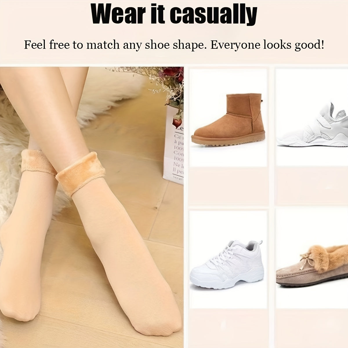 Women's Mid-Calf Snow Socks with Slip-Resistant Grip and Velvet Terry Cloth