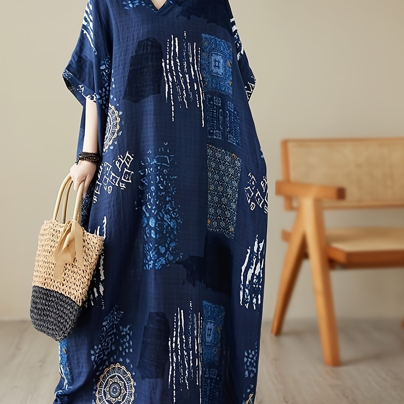 Plus Size V-Neck Kaftan Dress Short Sleeve Casual All-Season Woven Gown