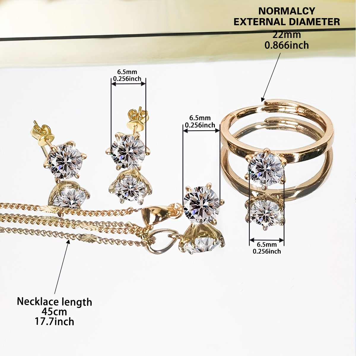 Copper Jewelry Set with Moissanite Round Cut Necklace Earrings and Ring for Women