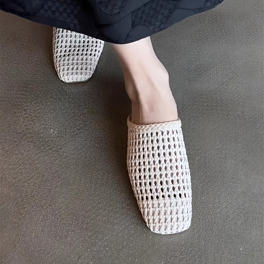 Women Crochet Mules Breathable Open-Toe Summer Shoes Beige Synthetic Flat Heel