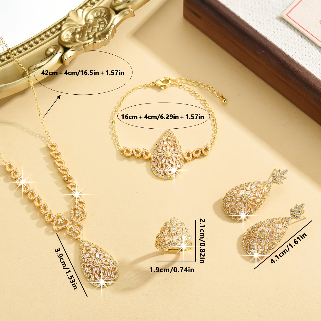 Gold-Plated Teardrop Jewelry Set for Women Necklace Earrings Bracelet Ring 5 Pieces