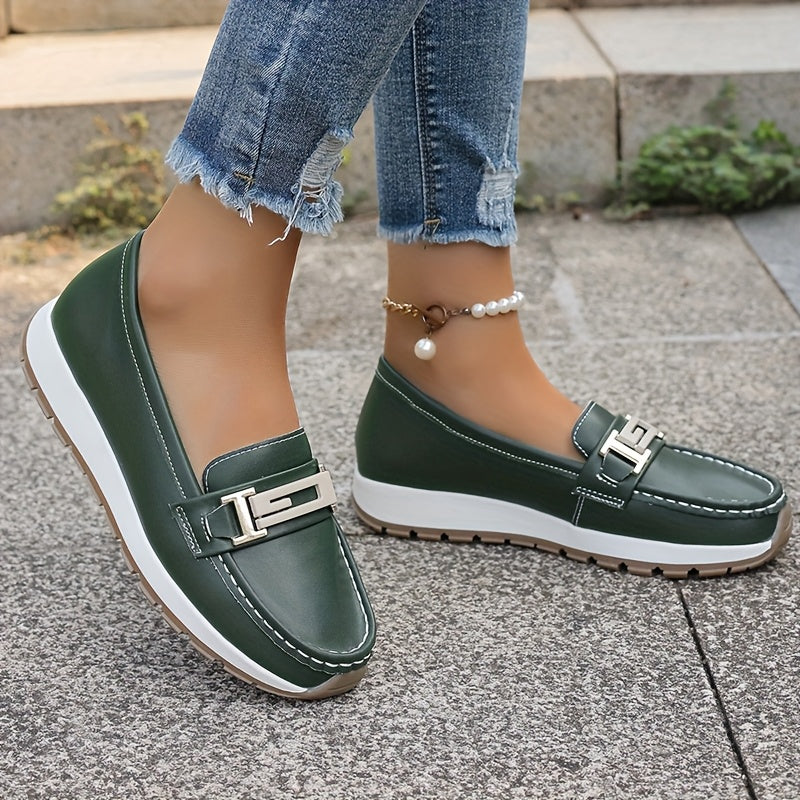 Women Loafers with Metal Buckle Slip-On Flats Non-Slip Casual Shoes