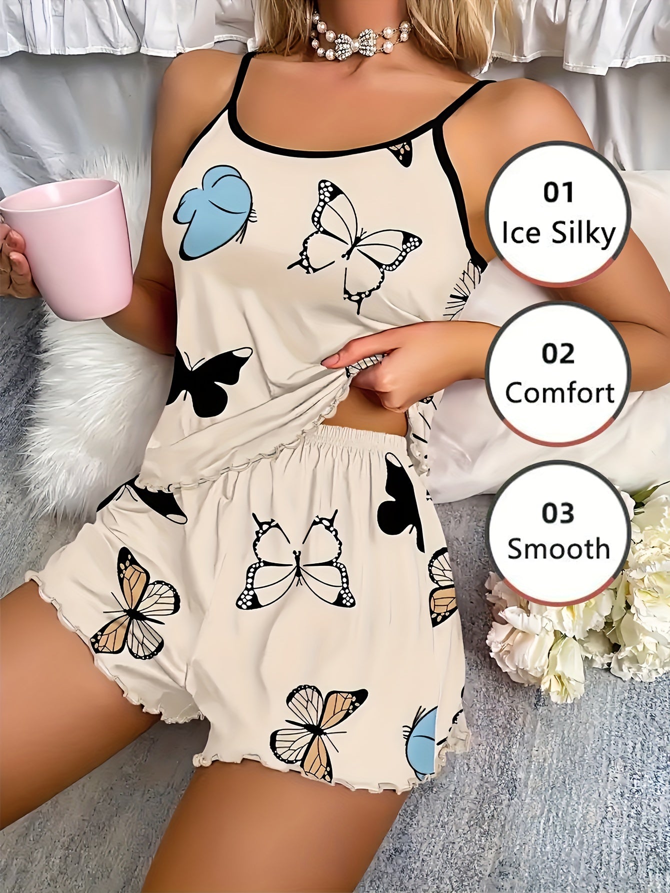Women's Polyester Pajama Set Sleeveless Cami with Butterfly Print and Elastic Shorts