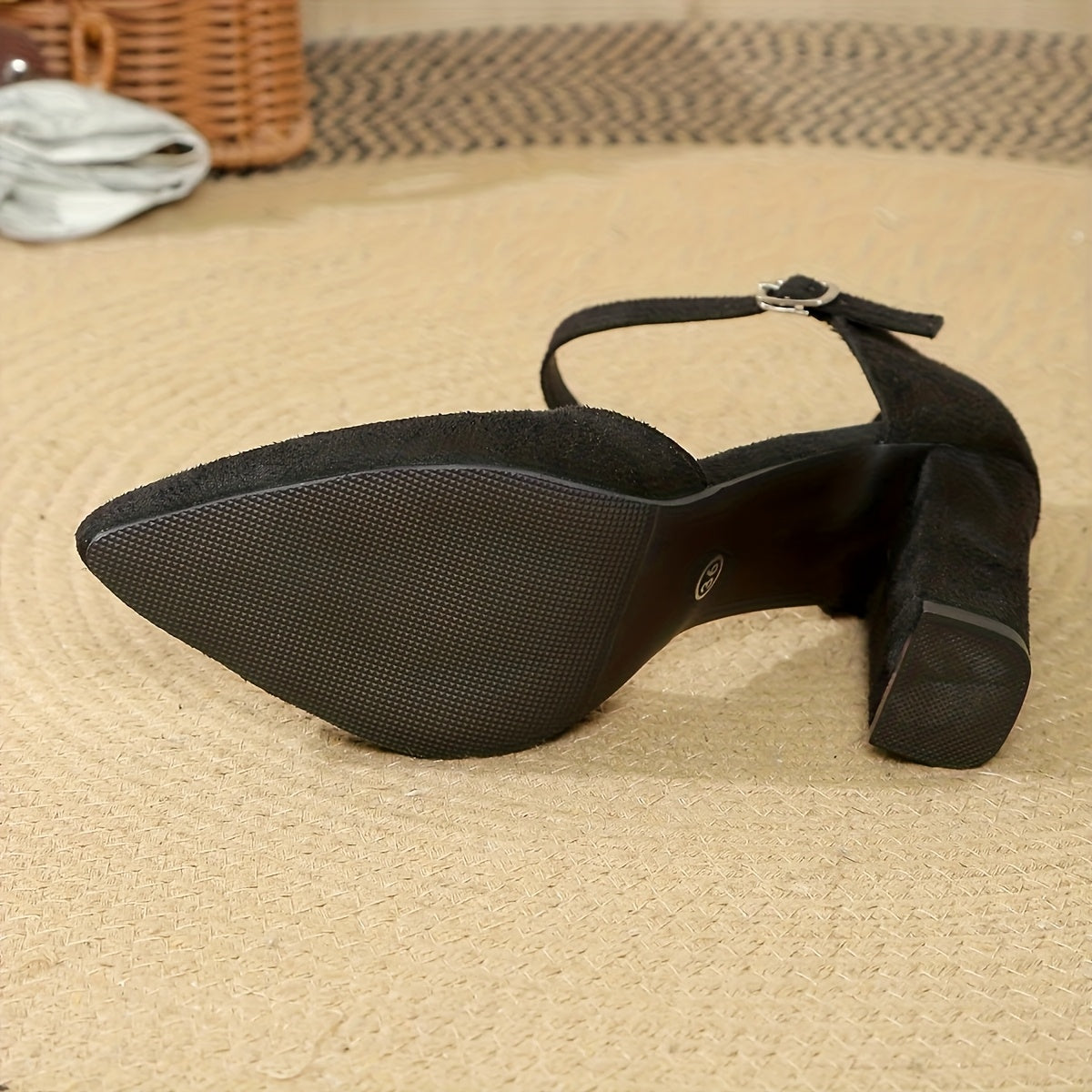 Women’s Black Fabric High Heels with Ankle Strap, Pointed Toe, Block Heel