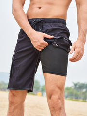 Plus Size Men's Quick Dry Beach Shorts with Lining and Flap Pockets