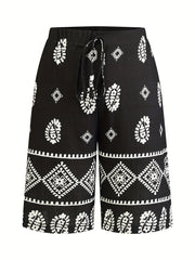 Шорты для женщин больших размеров с черно-белым геометрическим принтом, повседневные, средней длины